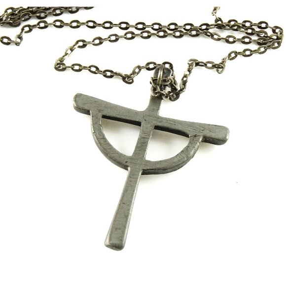 Big Stylized Cross Thick Pewter Vintage Pendant on Long 26" Chain Necklace - Picture 3 of 4